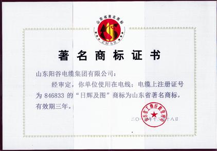 日輝電纜榮譽(yù)證書(shū)